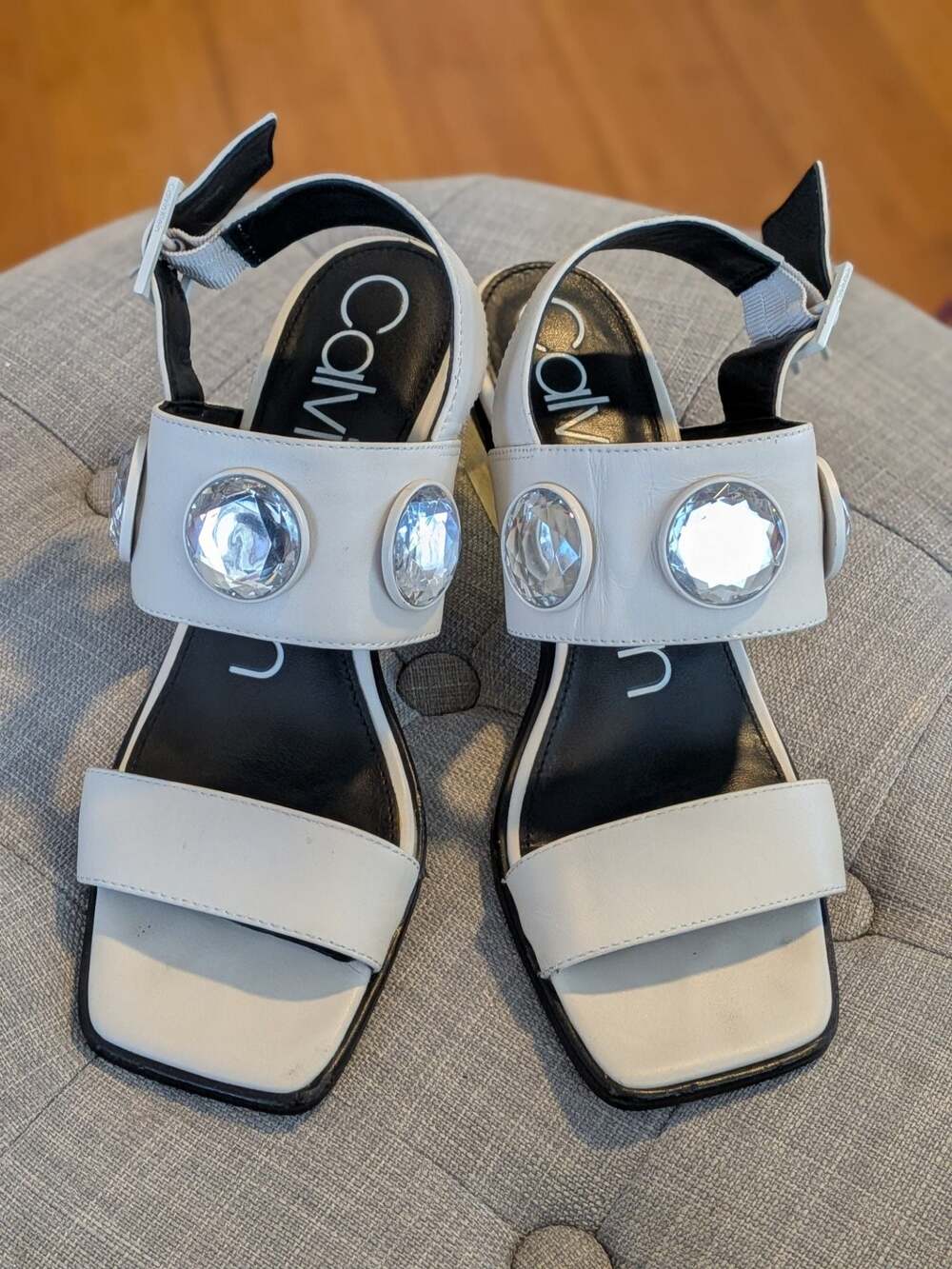 Calvin Klein Soft White Women's Kace Crystal Embellished Slingback Heeled Sandal